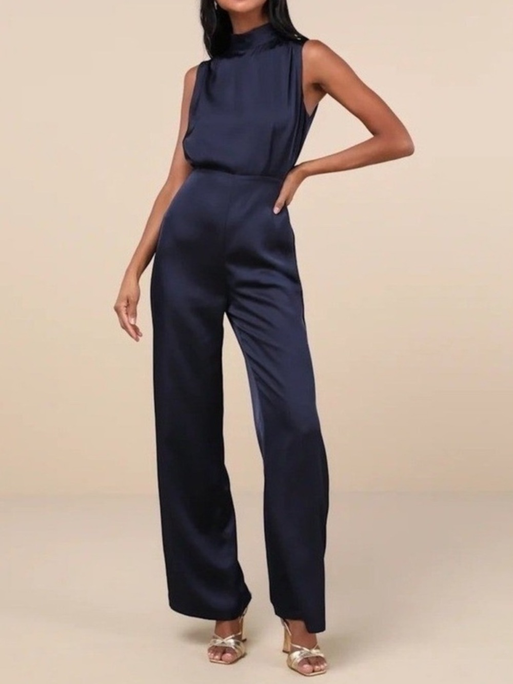 Lulus Classic Elegance Navy Blue Satin Sleeveless Mock Neck Jumpsuit